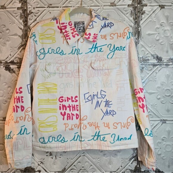 Print All Over Me Girls in the Yard Denim White Jacket Indie Brand Size Small - Picture 15 of 15